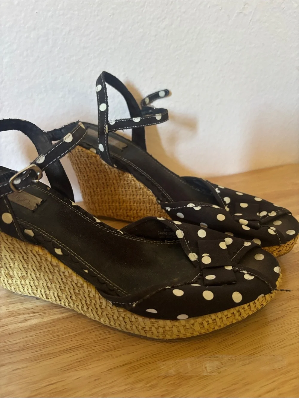 Black Polka Dot Pinup Wedge Sandals with Peep toe and Ankle Strap, Size 7
